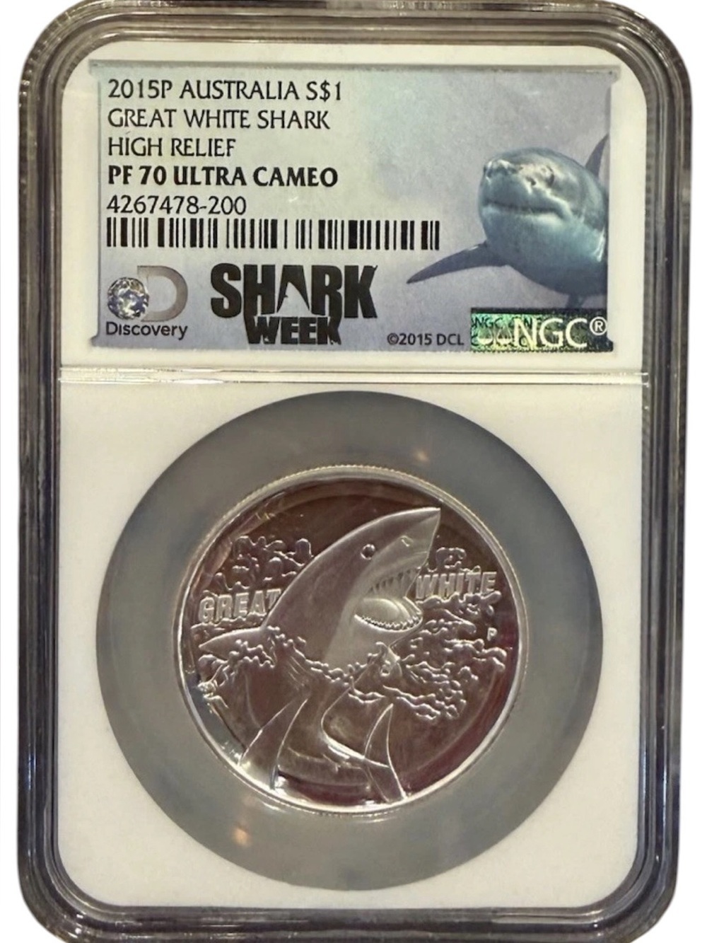 2015 Australia Great White Shark High Relief PF70 Silver Coin - Shark Week 🦈